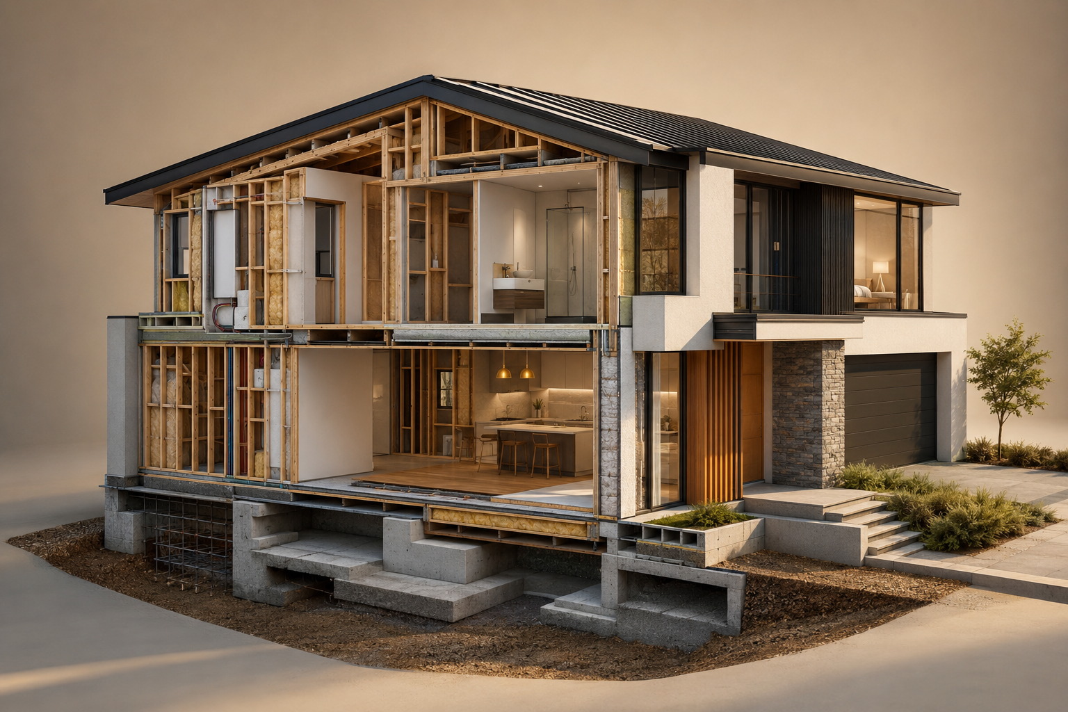 Residential build process shown from structure to completed home