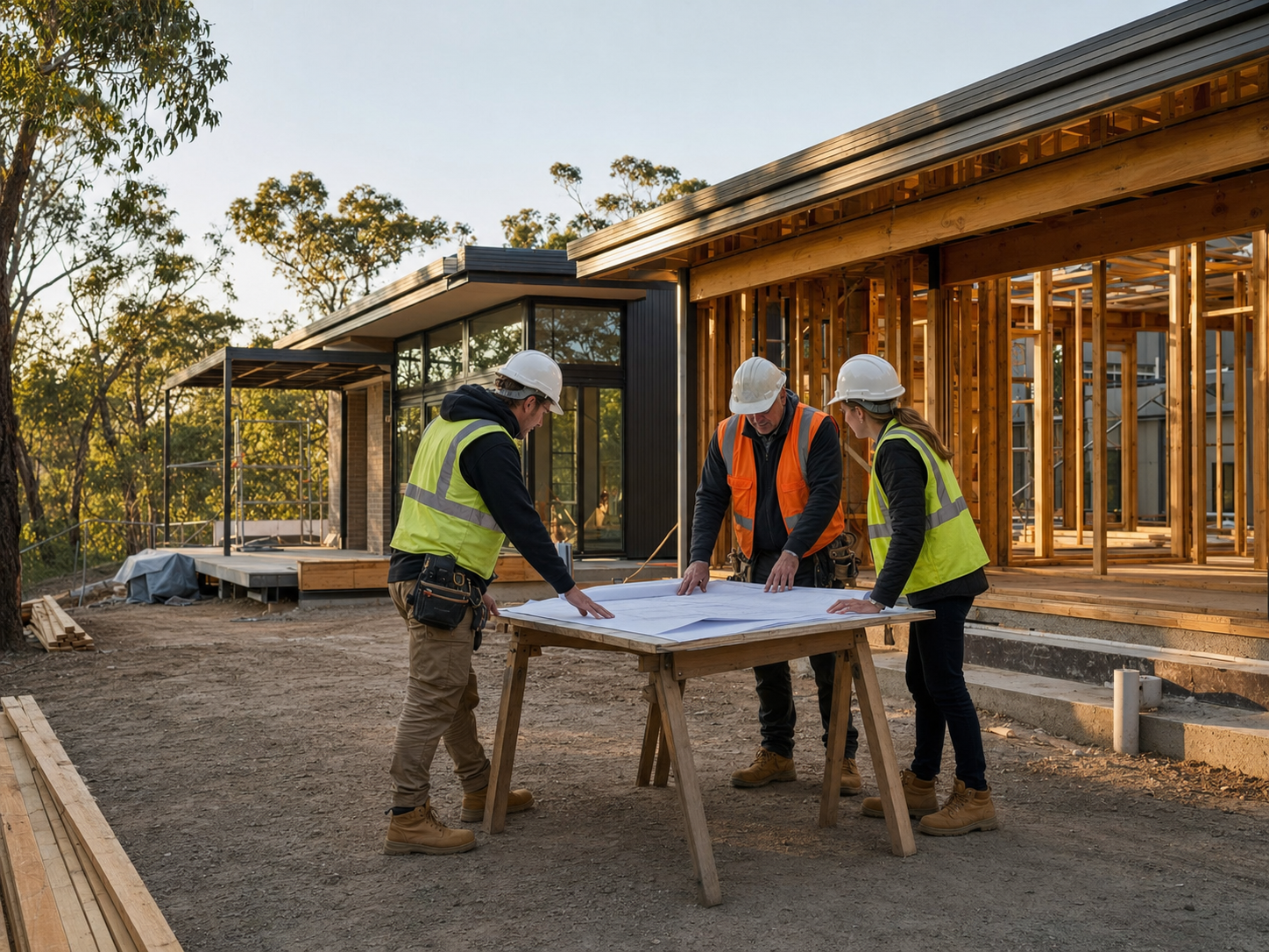 Project team reviewing drawings at a residential site